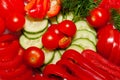 Snack on the festive table. Sliced Ã¢â¬â¹Ã¢â¬â¹fresh tomatoes and cucumbers, with a sprig of dill